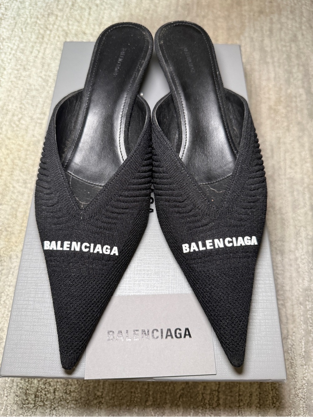 Balenciaga Black Pointed-Toe Logo Knit Mules